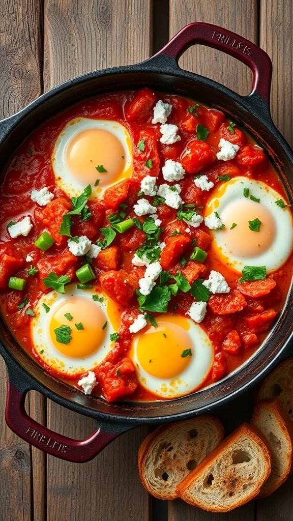 Savory Shakshuka Recipe A colorful shakshuka with poached eggs in tomato sauce, garnished with herbs and feta, served with bread.